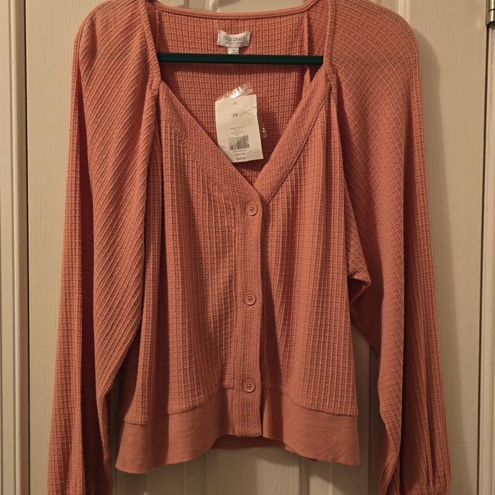 TRUE CRAFT BRAND WOMENS JUNIOR PLUS RUST LONG SLEEVES BUTTON WAFFLE TOP SIZE 0X
